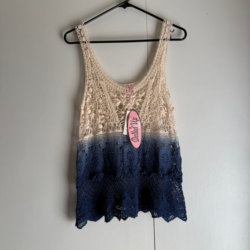 Dolled Up by FANG New Crochet Lace Blue and Ivory Top Juniors Large Festival